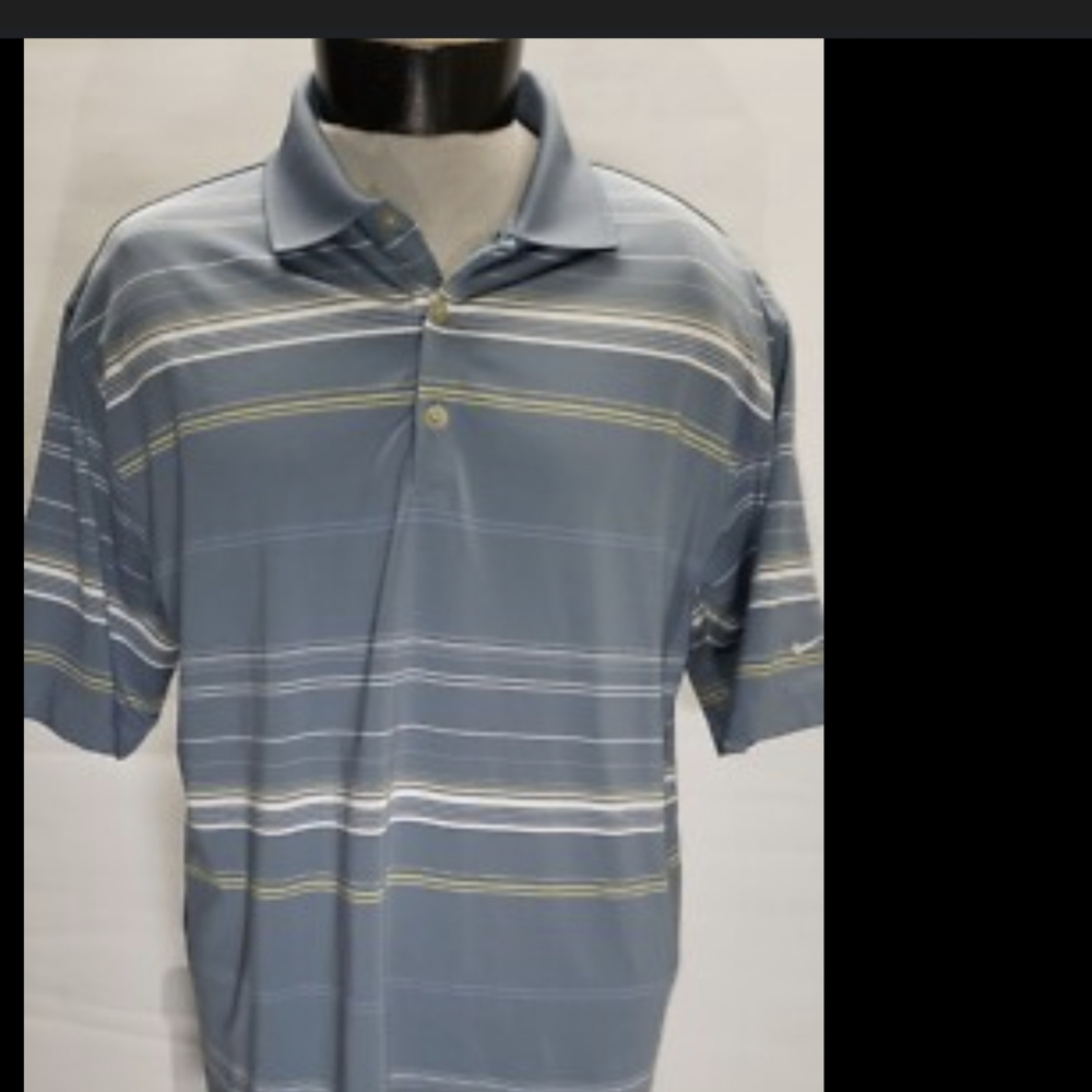 Nike Men's Polo in Blue with White and Yellow Stripes